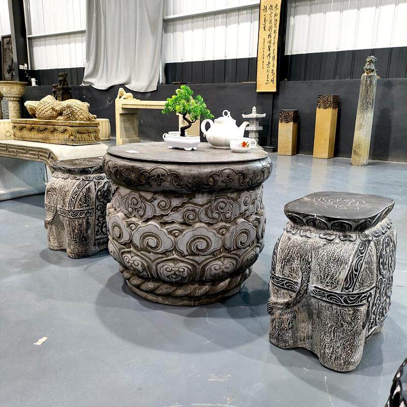 高档青石小茶桌仿古做旧石雕象墩石凳子新中式庭院装饰摆件工艺品