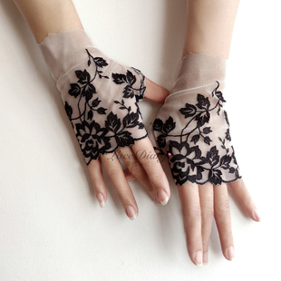 XT68原创夏季复古性感蕾丝黑色刺绣透视半指半截露指女礼服短手套