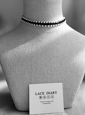 XL新款哥特式复古优雅风仿制小珍珠蕾丝黑白拼色颈链锁骨链细项链