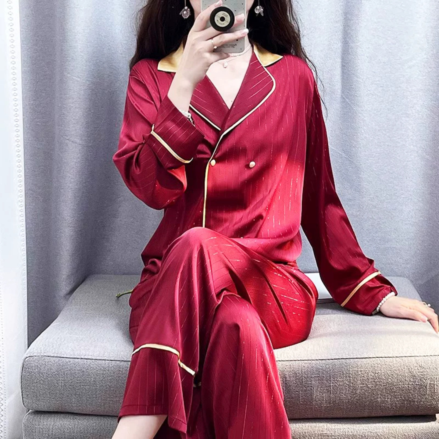真丝睡衣套装红色本命年可外穿女