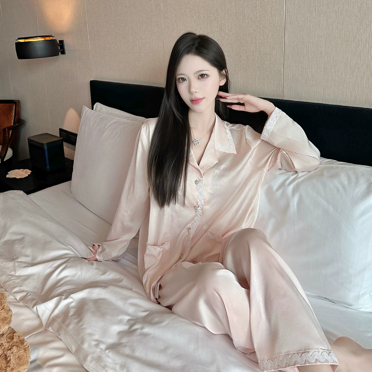 真丝蕾丝翻领长袖可外穿睡衣套装