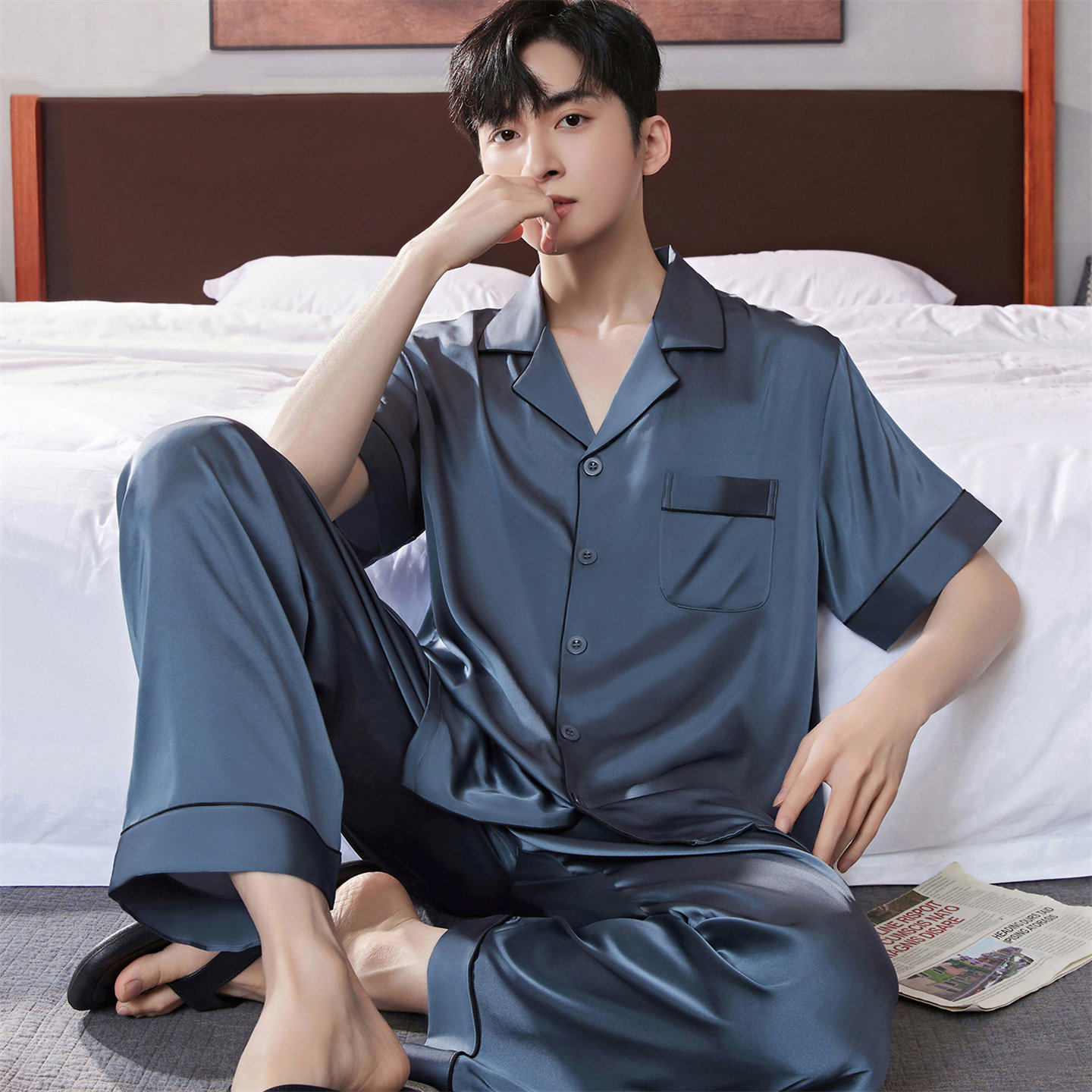 真丝男士长裤桑蚕丝睡衣套装