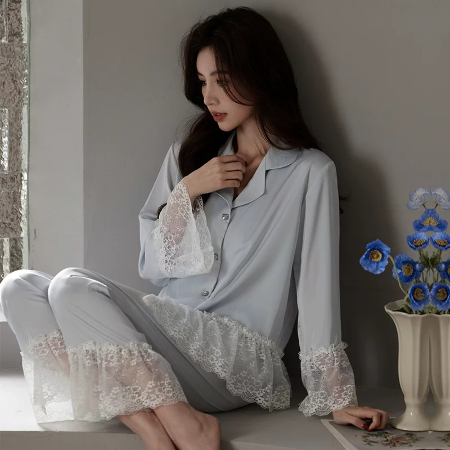 桑蚕丝春秋蕾丝宽松睡衣套装女士