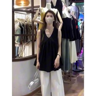 上衣服 2025新款 设计感V领背心女超好看中长款 黑色显瘦夏季 无袖