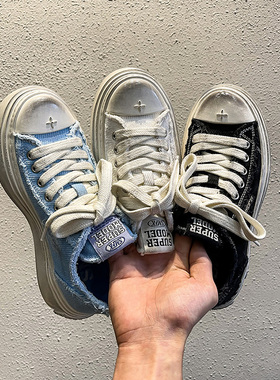 SMFK同款帆布鞋女厚底做旧滑板鞋2024十字花低帮小白鞋增高脏脏鞋