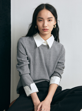 RAREST 知识分子学院风拼接领后开扣弹力假两件长袖针织衫上衣女