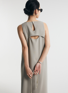 RAREST高级质感气质美人进口醋酸极简削肩修身露背无袖背心连衣裙