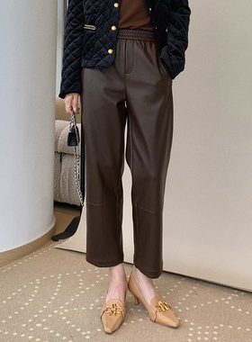 RAREST独立设计/质感十足 升级版松紧腰小直筒PU皮裤九分休闲裤女