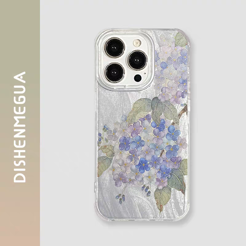 中式蓝白绣球花开适用iPhone16promax手机壳15pro保护软11羽纱xr国潮12mini简约创意13pro小众苹果14Plus