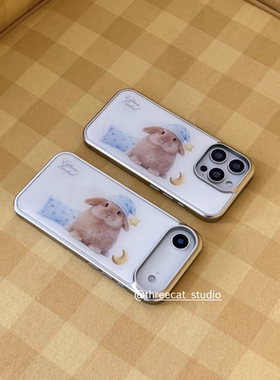 ins可爱萌蓝色睡帽兔子银边玻璃壳适用苹果iPhone17promax手机壳16pro小米15Pro保护套华为mate60P70荣耀oppo
