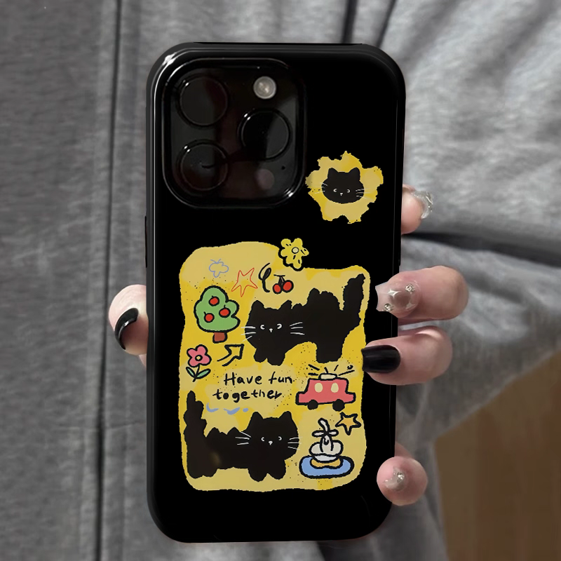 ins风炸毛小黑猫菲林二合一手机壳适用苹果16nova13华为p70mate60小米15opporen13ovivo荣耀300iPhone15防摔