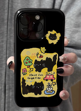ins风炸毛小黑猫菲林二合一手机壳适用苹果16nova13华为p70mate60小米15opporen13ovivo荣耀300iPhone15防摔