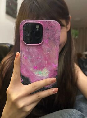 艺术油画粉胭光蝶适用于IPhon15pro/苹果14promax/15/14/13/11/xr菲林小众高级不会撞壳的手机壳ins个性新款