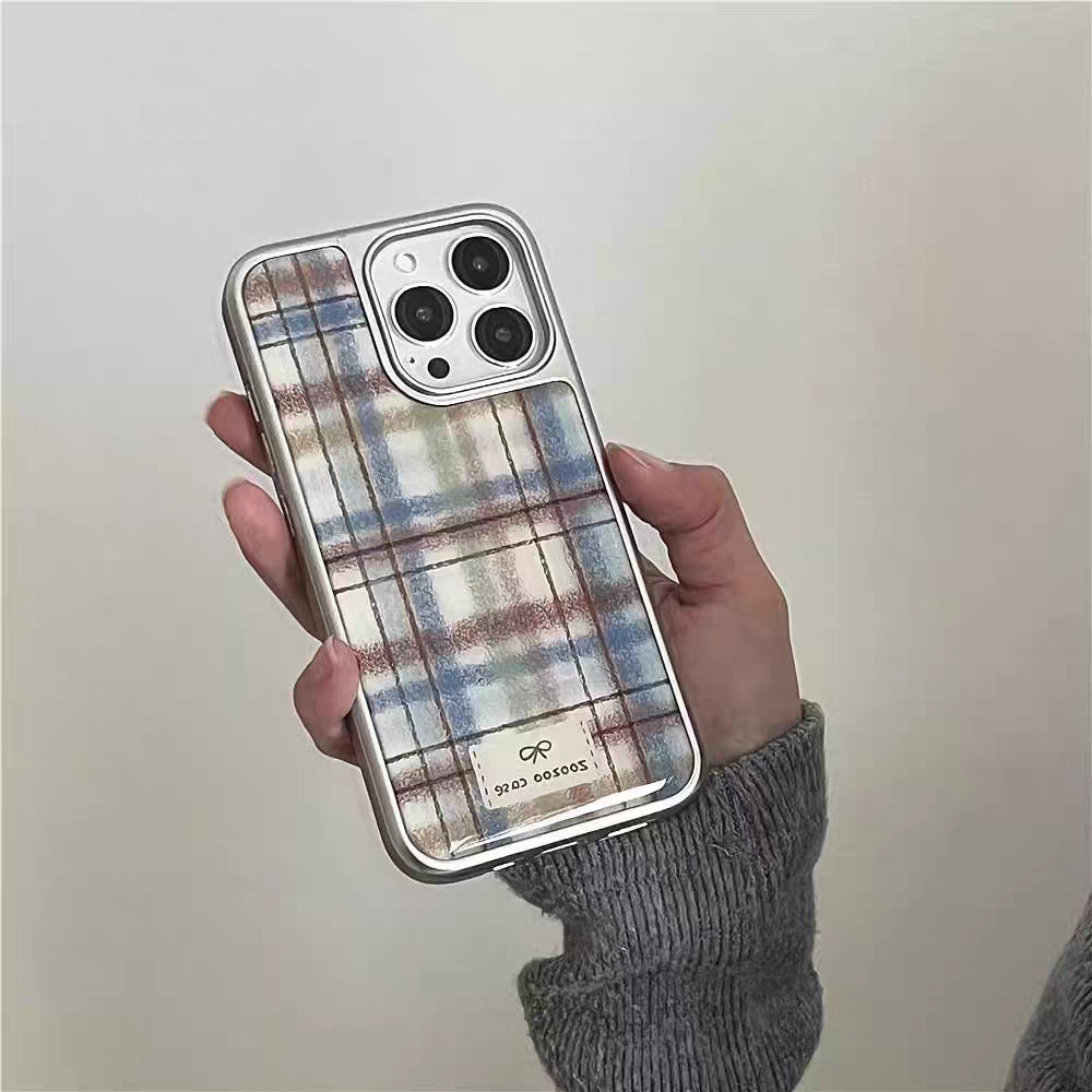 复古蓝棕水彩格纹ins银边适用苹果17promax滴胶手机壳iphone16pro新款1314pro创意15pro全包防摔手机套高级感