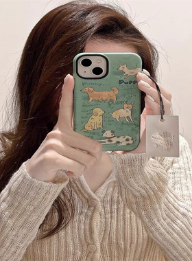 适用于苹果华为小米14手机壳绿色涂鸦狗狗秋冬iphone15proma菲林iphone13新款12p二合一可爱趣味卡通小众防摔