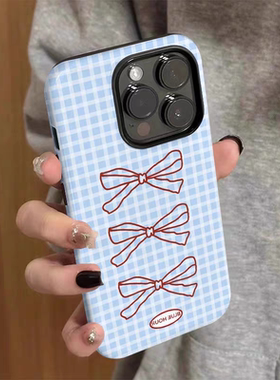 蓝色格子蝴蝶结适用iphone15苹果手机壳16pro防摔13promax12菲林二合一14Pro小米华为荣耀OPPOvivo11Xsma防摔