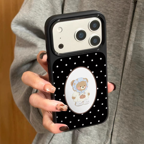 ins复古个性小熊黑边镜面手机壳适用苹果iPhone17promax手机壳软边16防摔15原创小米141312/11华为mate60P780