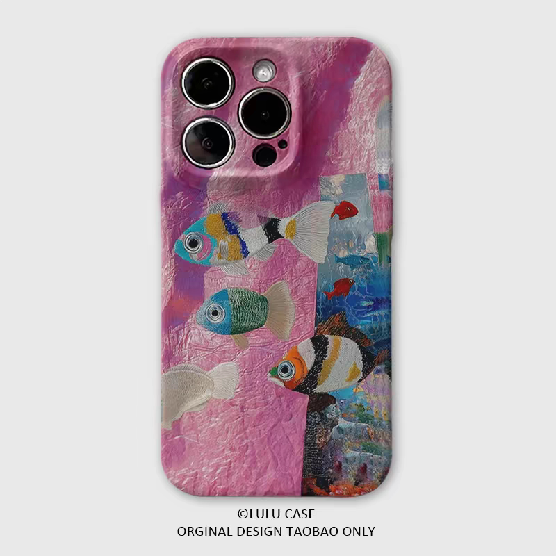 适用于iPhone16Promax粉色海洋的小鱼15promax手机壳菲林16创意13高级感12mini硬软壳11油画15苹果14plus原创