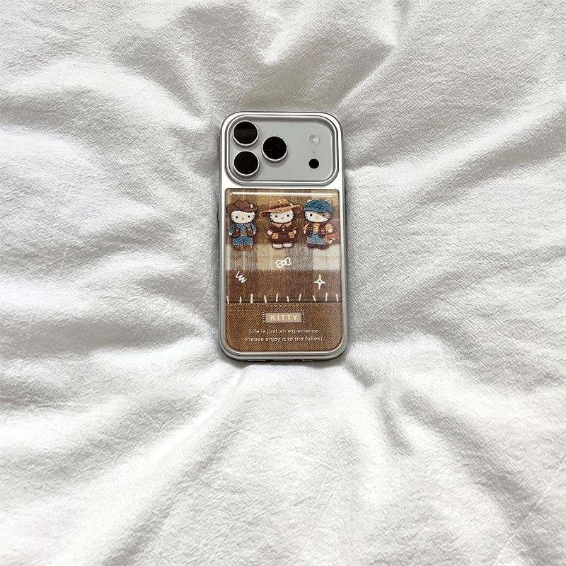 ins韩可爱牛仔纹kt猫电镀银边适用苹果小米iPhone17promax手机壳16pro14Pro保护套华为mate60P70三星S23软壳