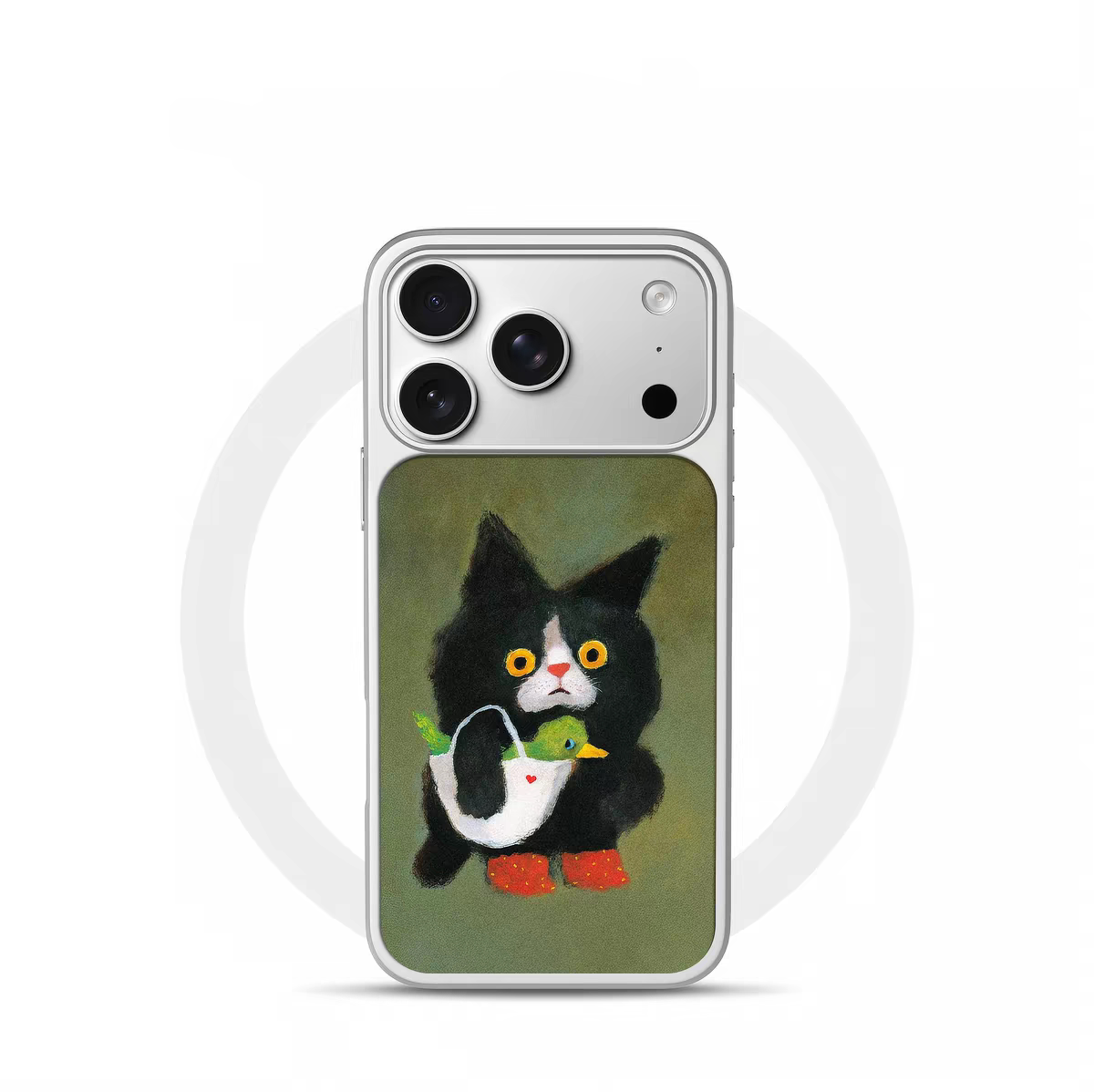 ins风带着鸭子的猫电镀银黑边适用苹果iPhone17promax手机壳16pro小米15Pro保护套华为mate80P70三星S23软壳