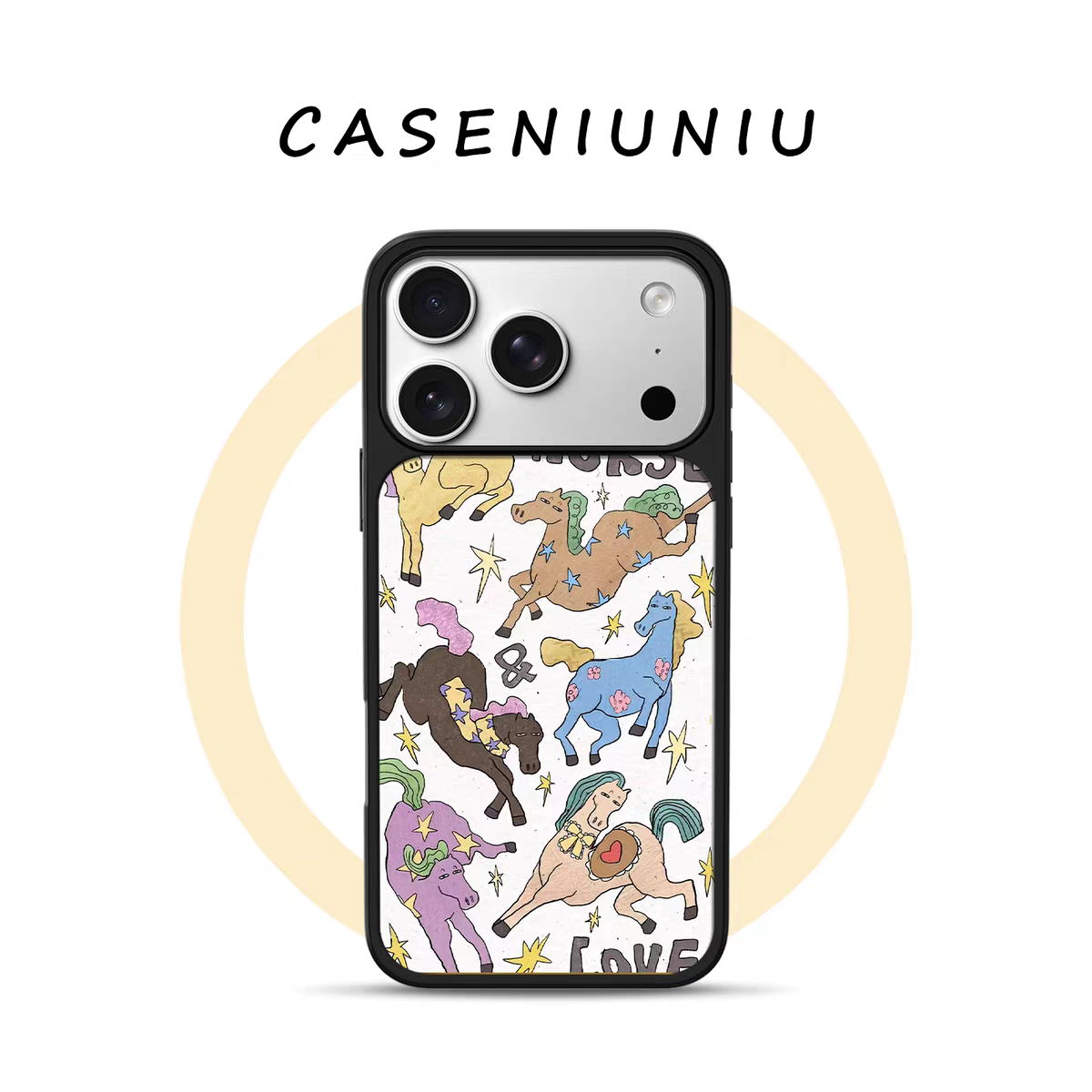 ins风可爱个性小马电镀银黑边适用苹果iPhone17promax手机壳16pro小米15Pro保护套华为mate60P70三星S23软壳