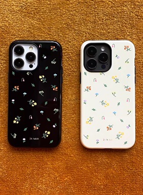 复古奶黄黑色碎花手机壳二合一14菲林手机壳适用于苹果15磨砂华为小米安卓二合一原创个性12创意13Xsmaxpro潮