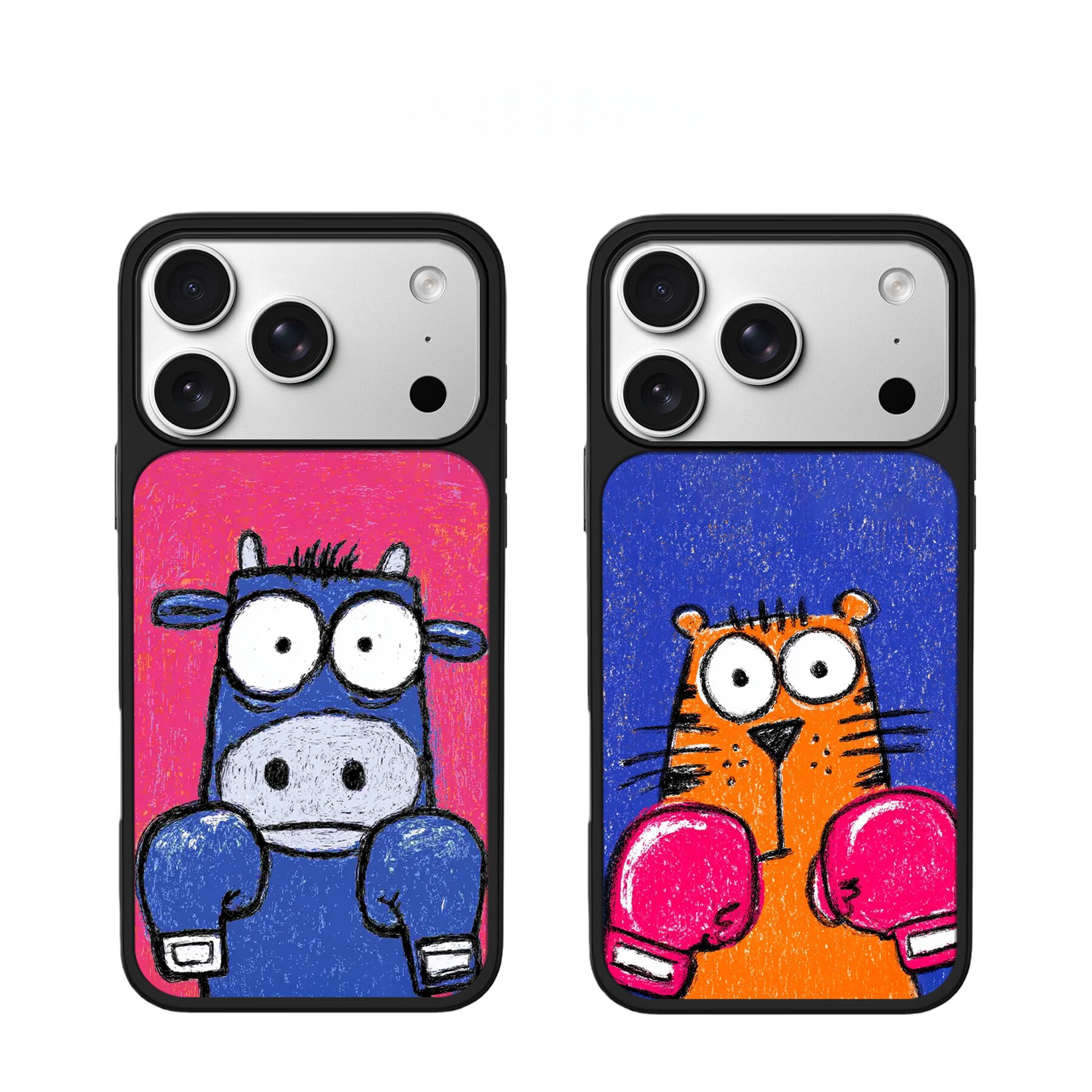 拳击牛牛和老虎电镀银黑边适用苹果iPhone16promax手机壳15pro小米14Pro保护套华为mate60P70防摔三星S23软壳