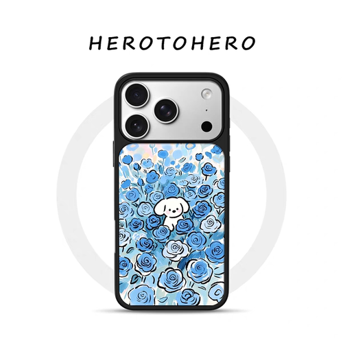 ins风蓝玫瑰小狗电镀银黑边适用苹果iPhone17promax手机壳16pro小米15Pro保护套华为mate60P70三星S23软壳