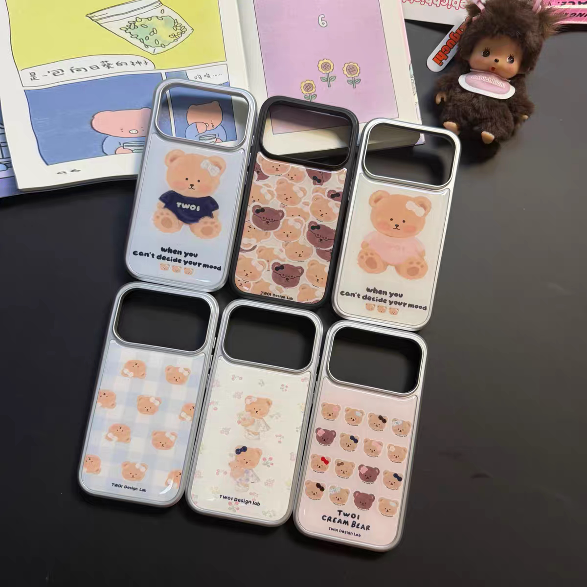 ins风黄油小熊可爱新款银框银边壳适用苹果iPhone17promax手机壳16pro小米15Pro保护套华为mate60P70荣耀oppo