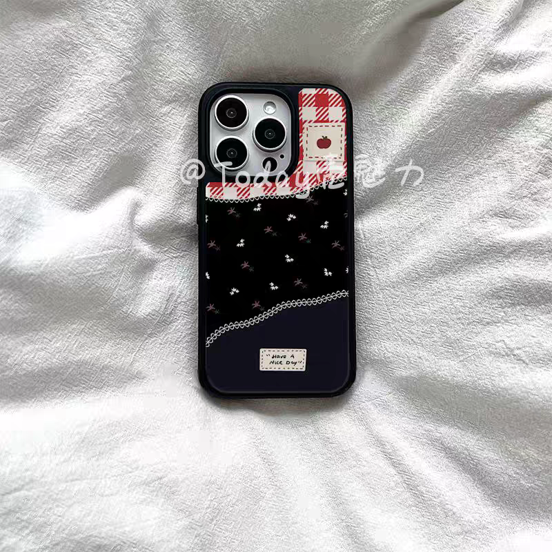 拼接补丁布块格纹风亚克力黑边适用苹果iPhone16promax手机壳15pro小米14Pro保护套华为mate60P70防摔三星S23