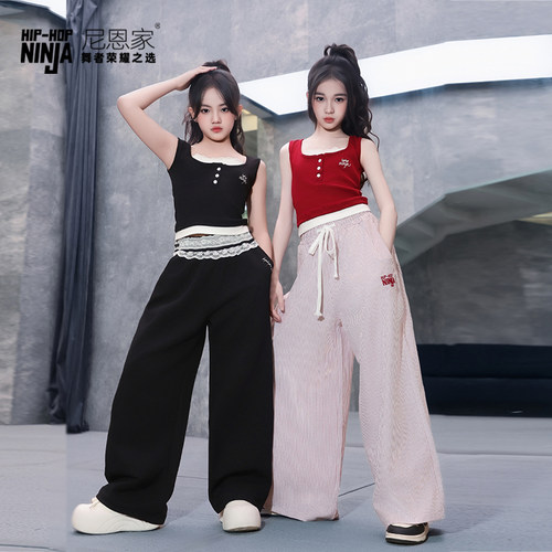 尼恩家儿童街舞爵士假两件蕾丝边背心短袖运动裤女童套装表演出服