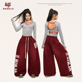 子表演出服套装 尼恩家女童爵士舞露背条纹长袖 上衣儿童街舞运动裤