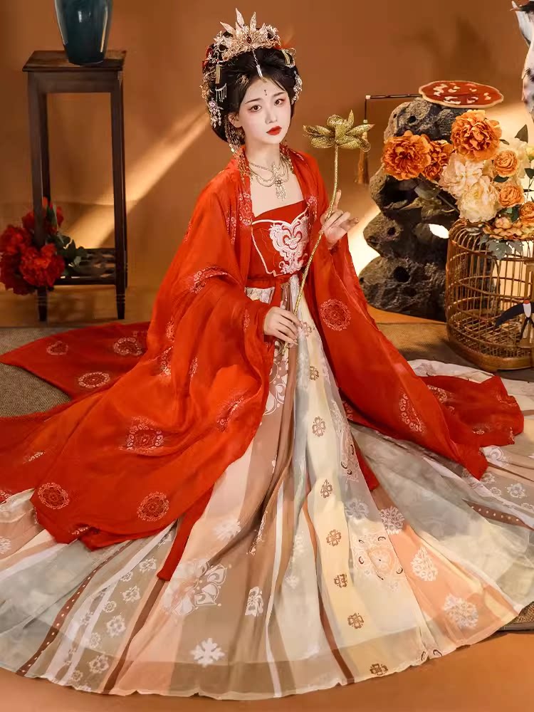 原创汉服女中国风古装唐制红色齐胸诃子裙刺绣超仙大袖衫春夏季款