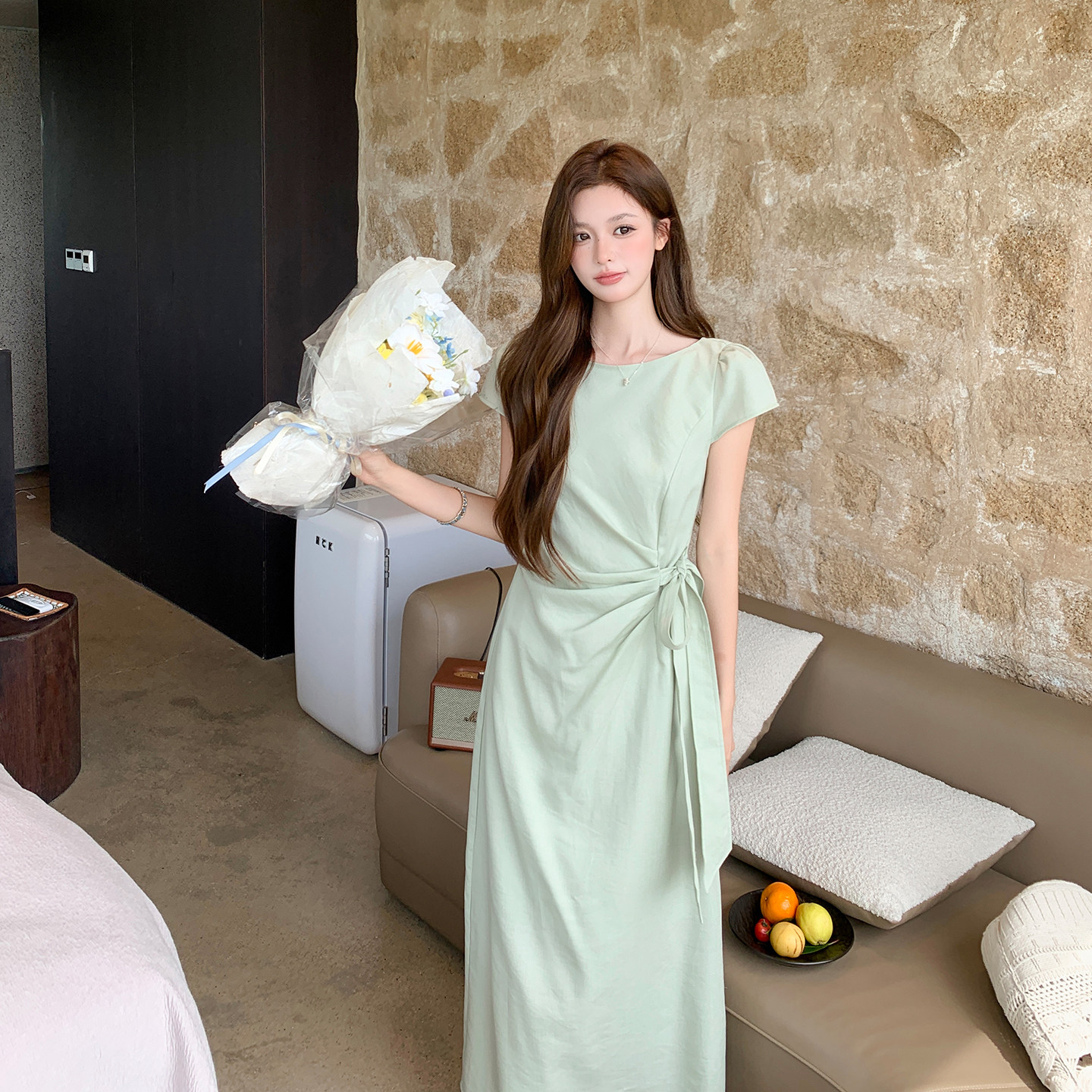 2026夏季新款主推法式褶皱系带收腰连衣裙8057-P135-K218,女装连衣裙,浙宝115