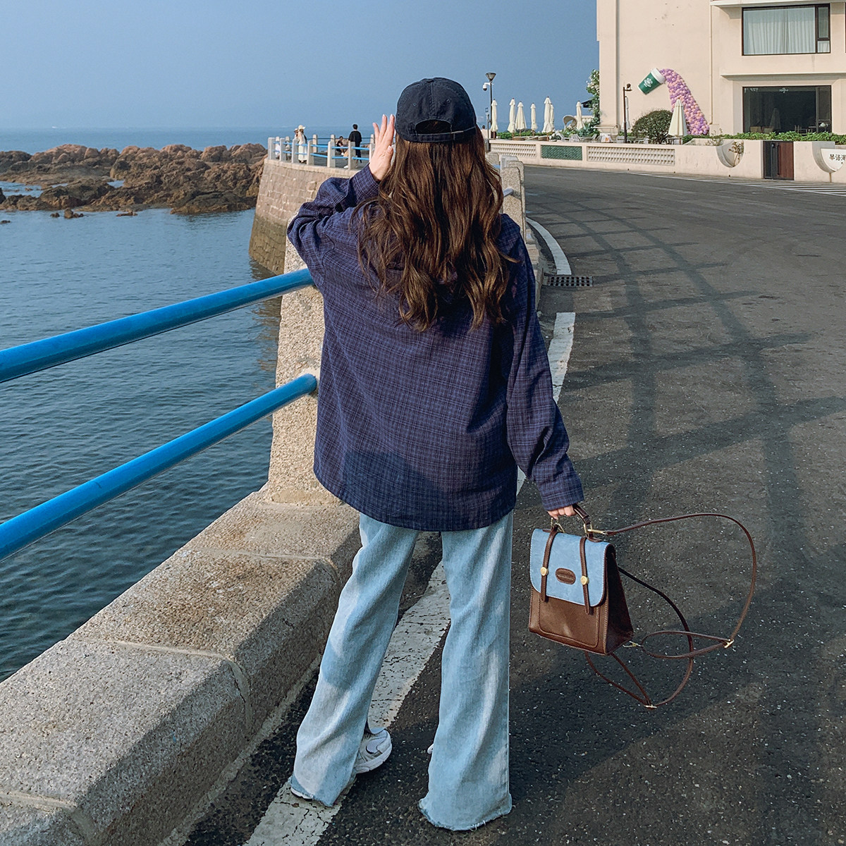 复古格子连帽衬衫外套女2025春季新款韩系学院风减龄宽松休闲上衣,女装短外套,浙宝115