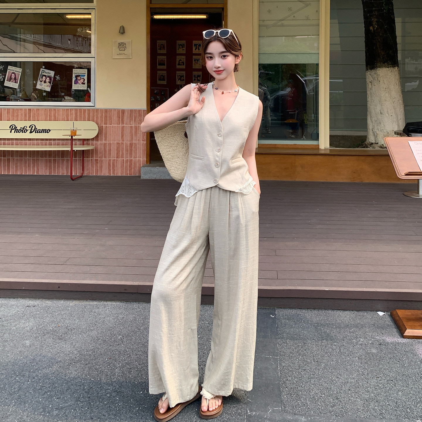 2026夏季新款蕾丝拼接马甲阔腿裤两件套套装6107-P170-K278，女装职业装，浙宝115