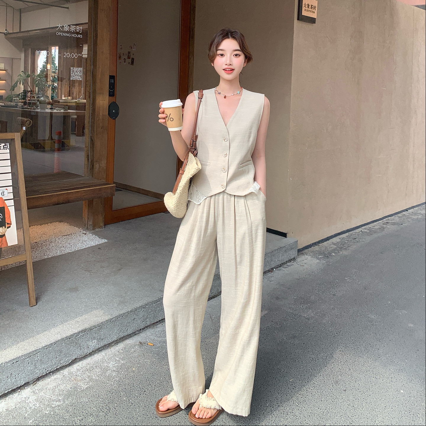 2026夏季新款蕾丝拼接马甲阔腿裤两件套套装6107-P170-K278,女装职业装,浙宝115