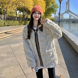 灰色小香风羊羔毛外套女秋冬2024新款高级感加厚皮毛一体毛绒棉衣，女装短外套，浙宝115