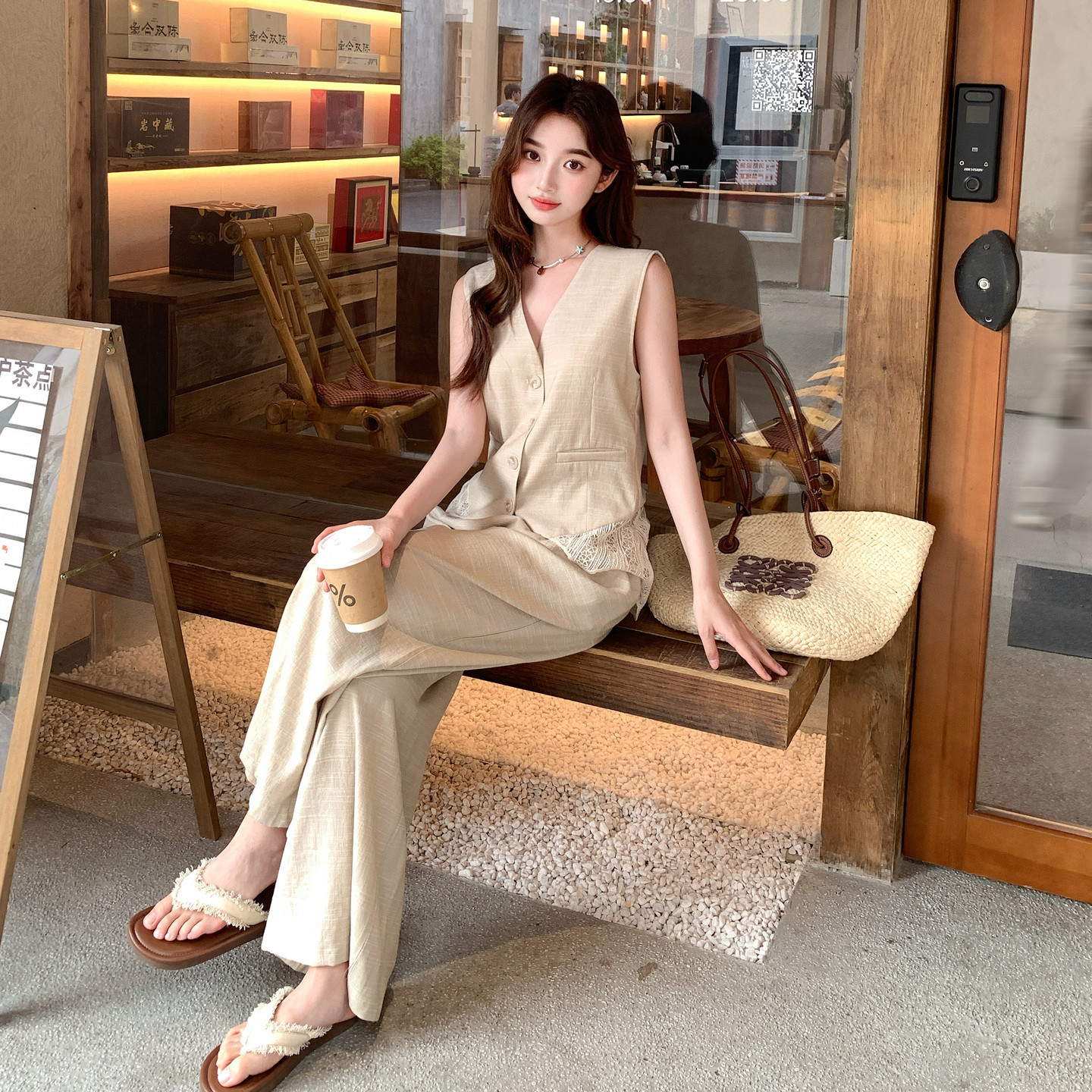2026夏季新款蕾丝拼接马甲阔腿裤两件套套装6107-P170-K278,女装职业装,浙宝115