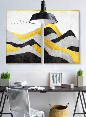 橙色山脉飞鸟几何装饰画黑黄色客厅背景墙挂画壁画金山银山抽象画