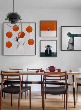 创意人像挂画轻奢橙色人物组合客厅装饰画北欧摄影美女气球帽子