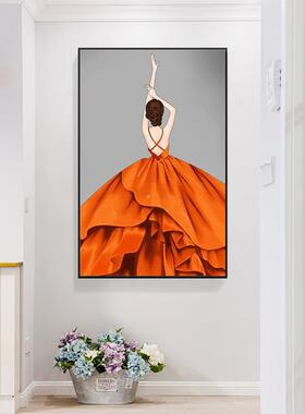 橙色人物戴帽子的女孩背影装饰画现代简约客厅沙发背景墙挂画玄关