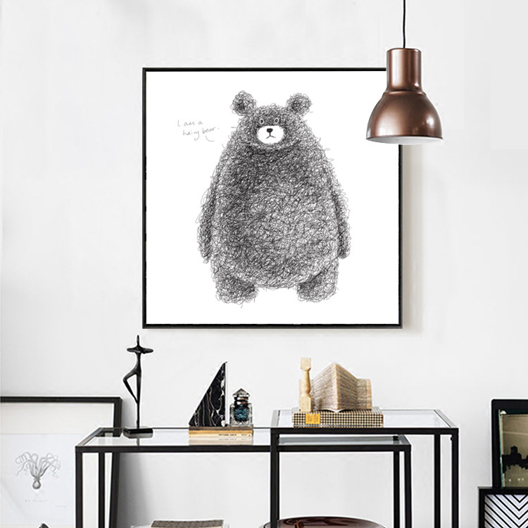 线条熊卡通动物线描装饰画现代简约儿童房幼儿园挂画动漫插画壁画图片