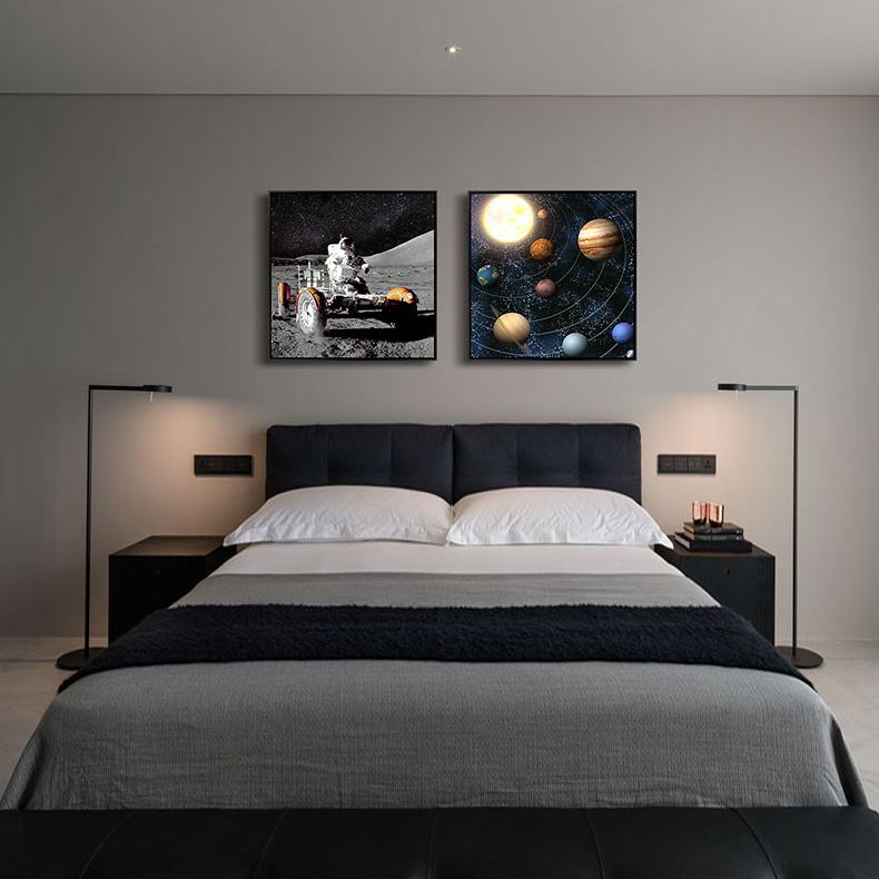 太空星球宇航员客厅沙发背景墙正方形挂画儿童房男孩卧室装饰画图片
