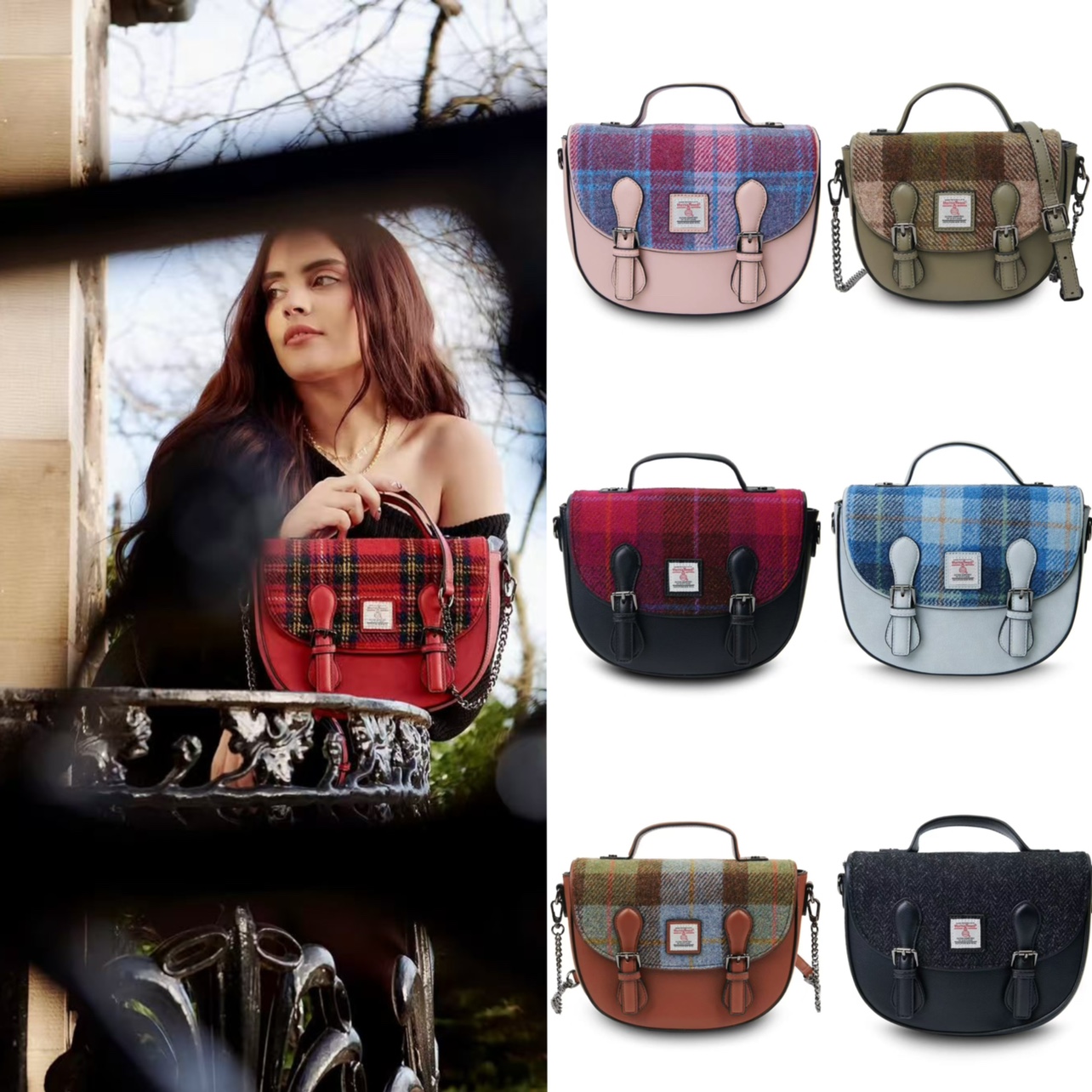 英国直邮苏格兰Islander正品剑桥包Harris Tweed®羊毛格月亮挎包