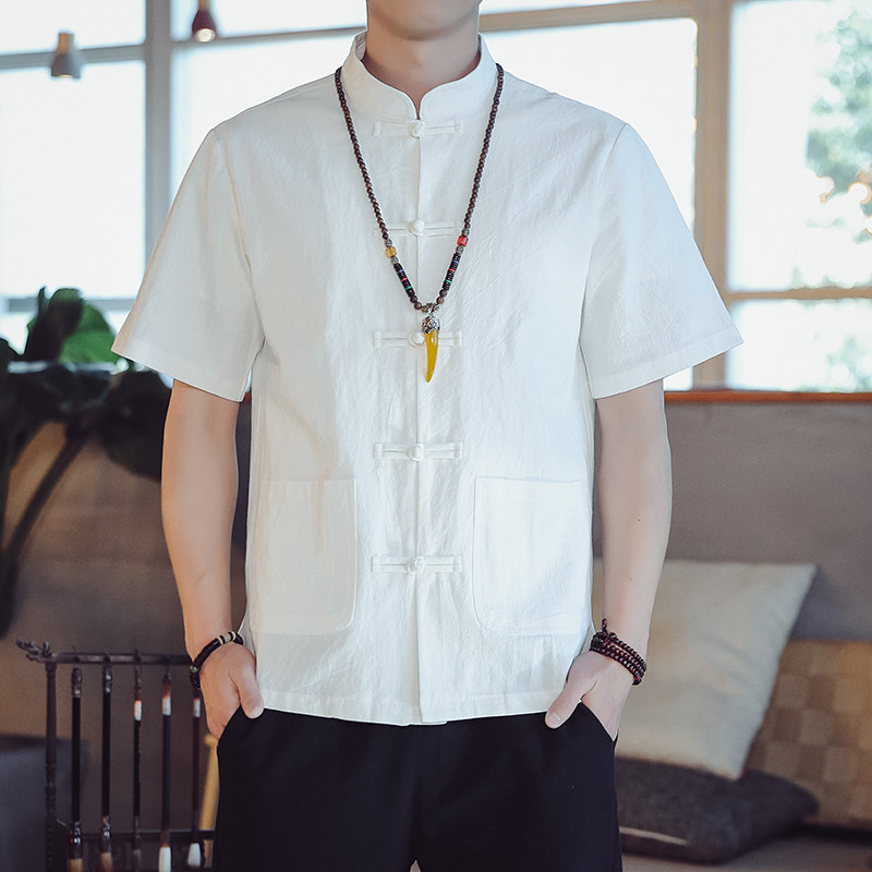 夏季中国风立领盘扣短袖衬衫男士宽松大码新中式禅意茶服唐装上衣