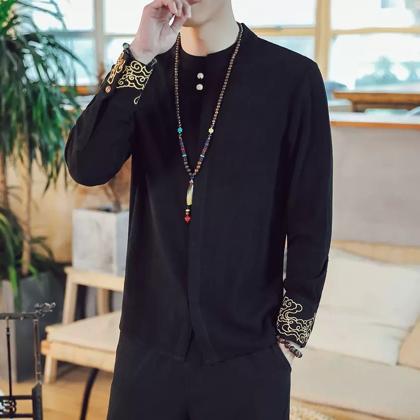 中国风男装秋季唐装祥云刺绣长袖衬衣新中式复古男士衬衫棉麻上衣