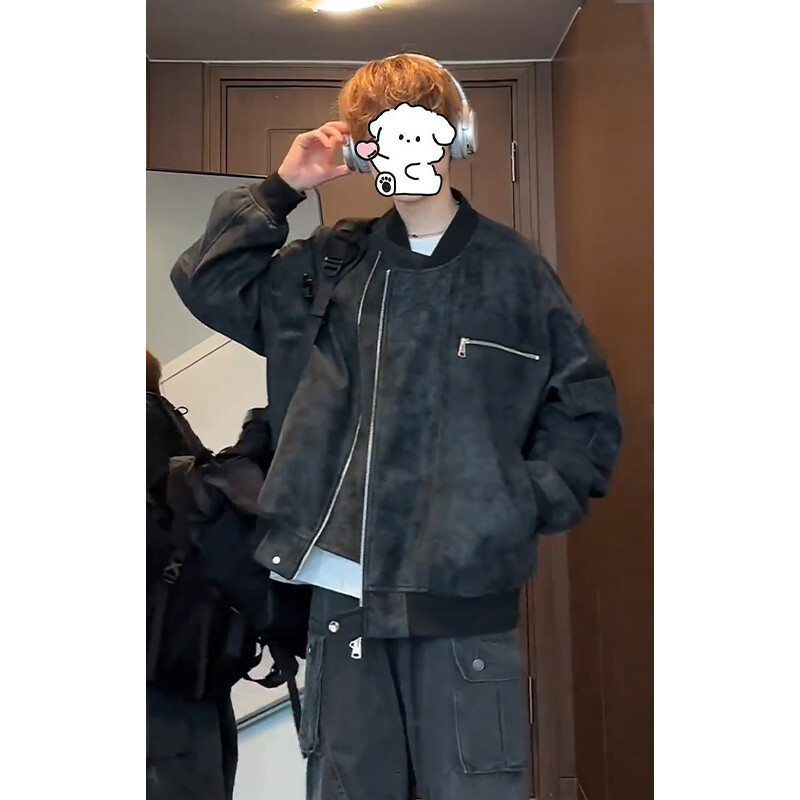 秋冬美式复古cleanfit扎染水洗夹克外套男款高级感PU皮机车棒球服