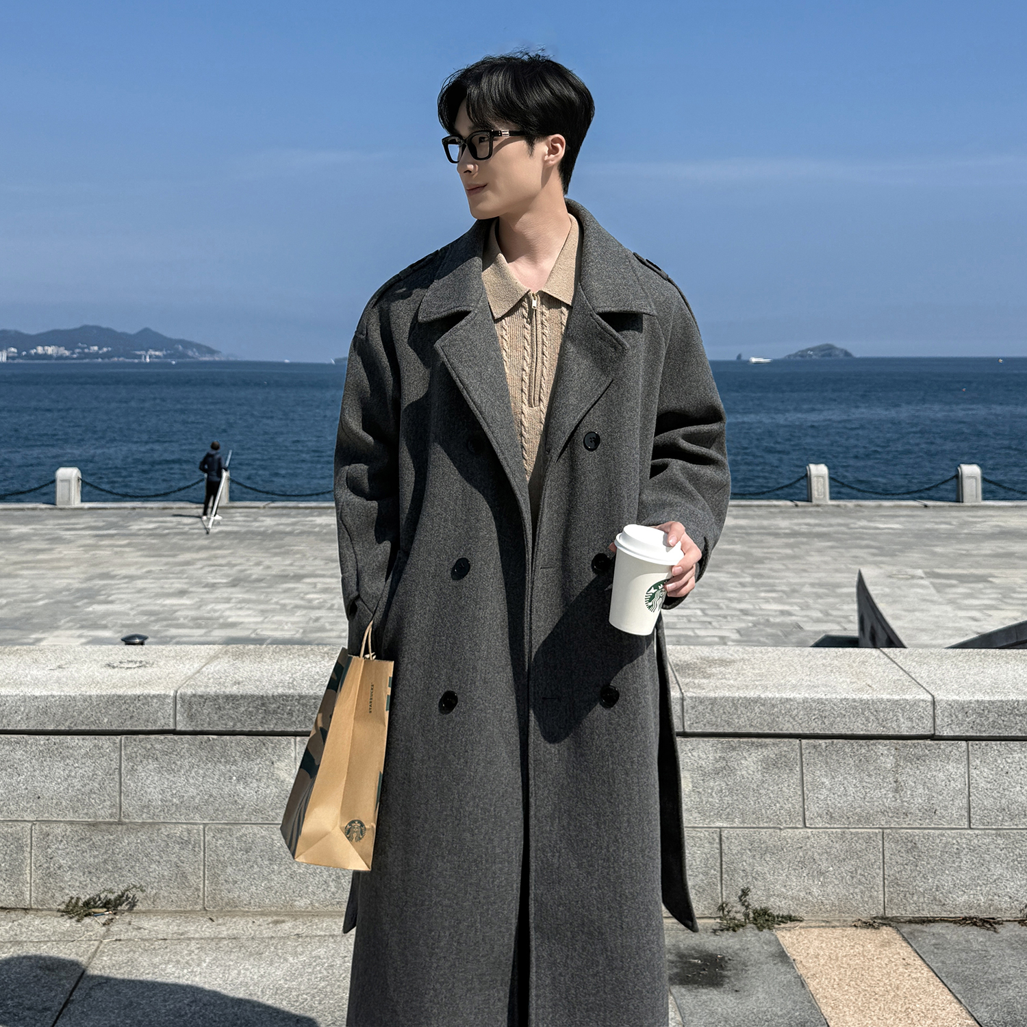 双排扣过膝毛呢大衣外套韩系长款