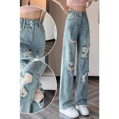 浅色破洞牛仔裤女夏季薄款胖妹妹大码阔腿裤高腰宽松直筒拖地